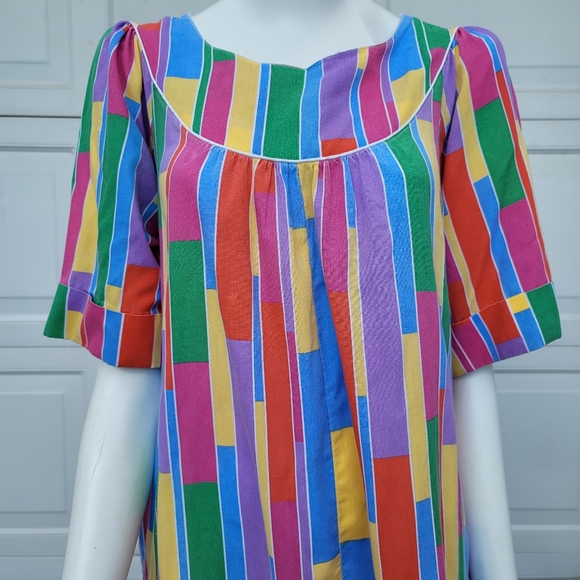 Rainbow Stripe 1970s Handmade House Dress Caftan Muu-Muu Full Length - Picture 4 of 12